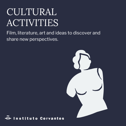 Promotional image of cultural activities at the Instituto Cervantes, with the text ‘Cultural activities’ and an illustration of a classical sculpture.